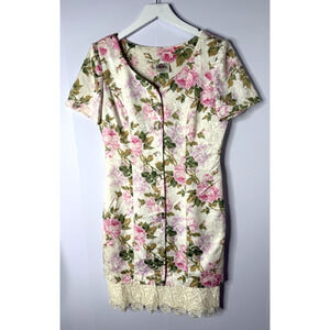 VTG Lanz Originals Sweetheart Neck Shift Dress Floral Lace Size 12 M Cottagecore